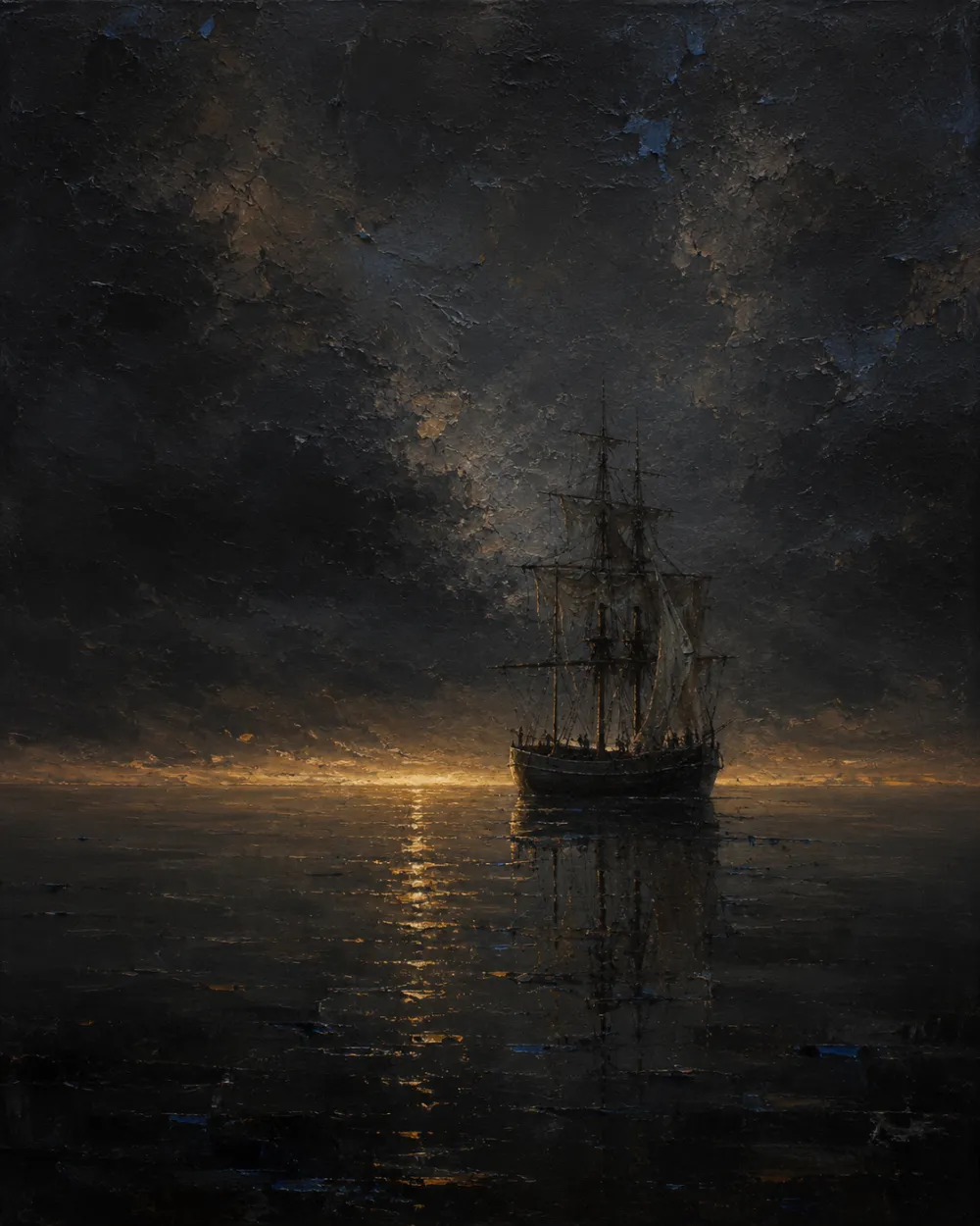 The Becalmed — a ship still on a black sea under a smothered moon